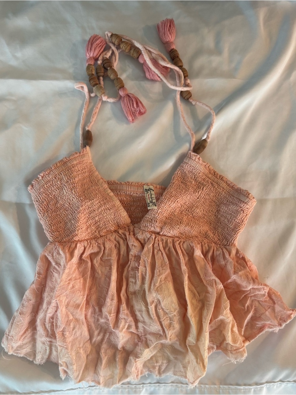 Free People Blush Pink-Peach Smocked Beaded Tie Crop Top - Size XS